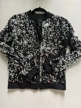 Forever 21 Black Sequin Bomber Jacket with Silver Sparkle